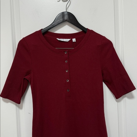 Calvin Klein Jeans Womens Ribbed Burgundy Midi Quarter Length Sleeve Dress Small - Picture 7 of 9